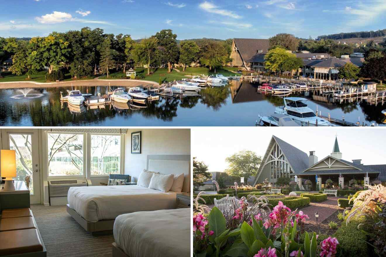 collage of 3 images with: a bedroom, boats docked at a lake and hotel's building