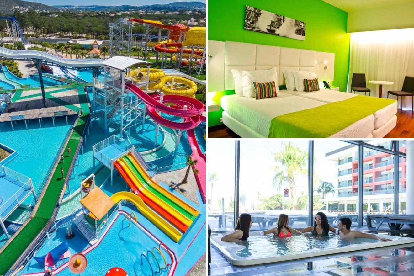 collage of 3 images with: pool with waterslides, bedroom and people sitting in a jacuzzi