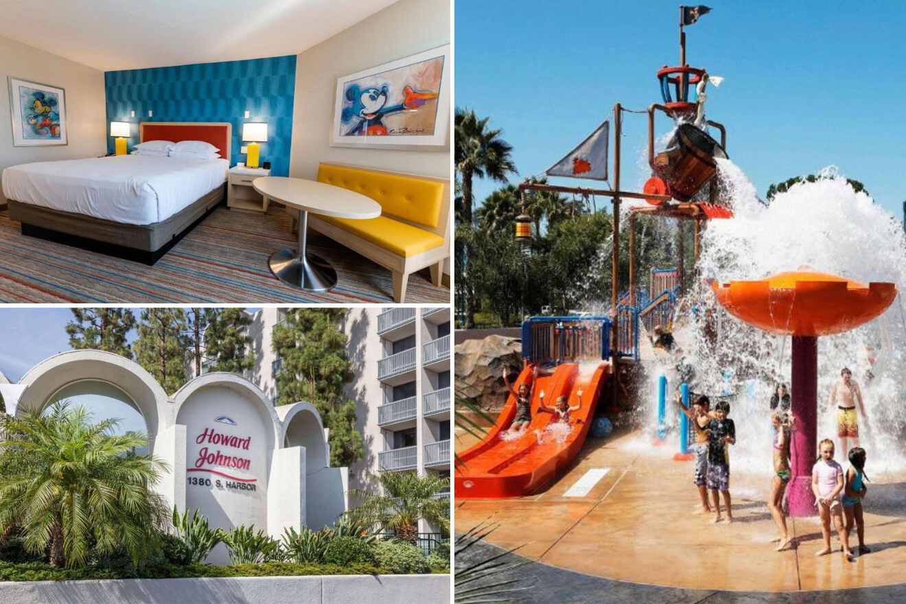 collage of 3 images with: bedroom, waterpark area and hotel's entrance sign