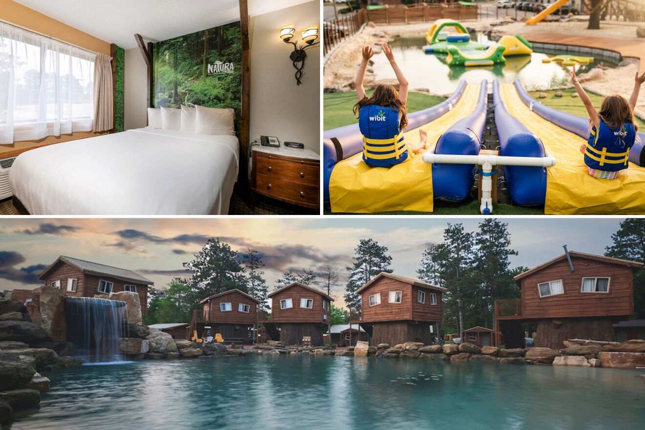 Collage of three hotel pictures: bedroom, outdoor waterpark, and hotel exterior next to a pond