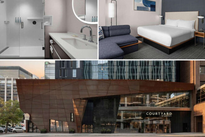 collage with 3 images of: bathroom, bedroom and hotel's building