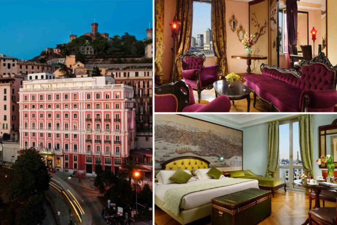 Collage of three hotel photos: hotel with a view of a city, living room and bedroom