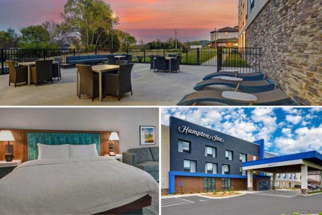 collage of 3 images with: bedroom, hotel's building and outdoor lounge area