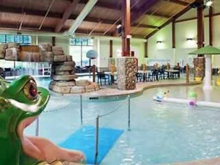 A large indoor pool with a frog slide.