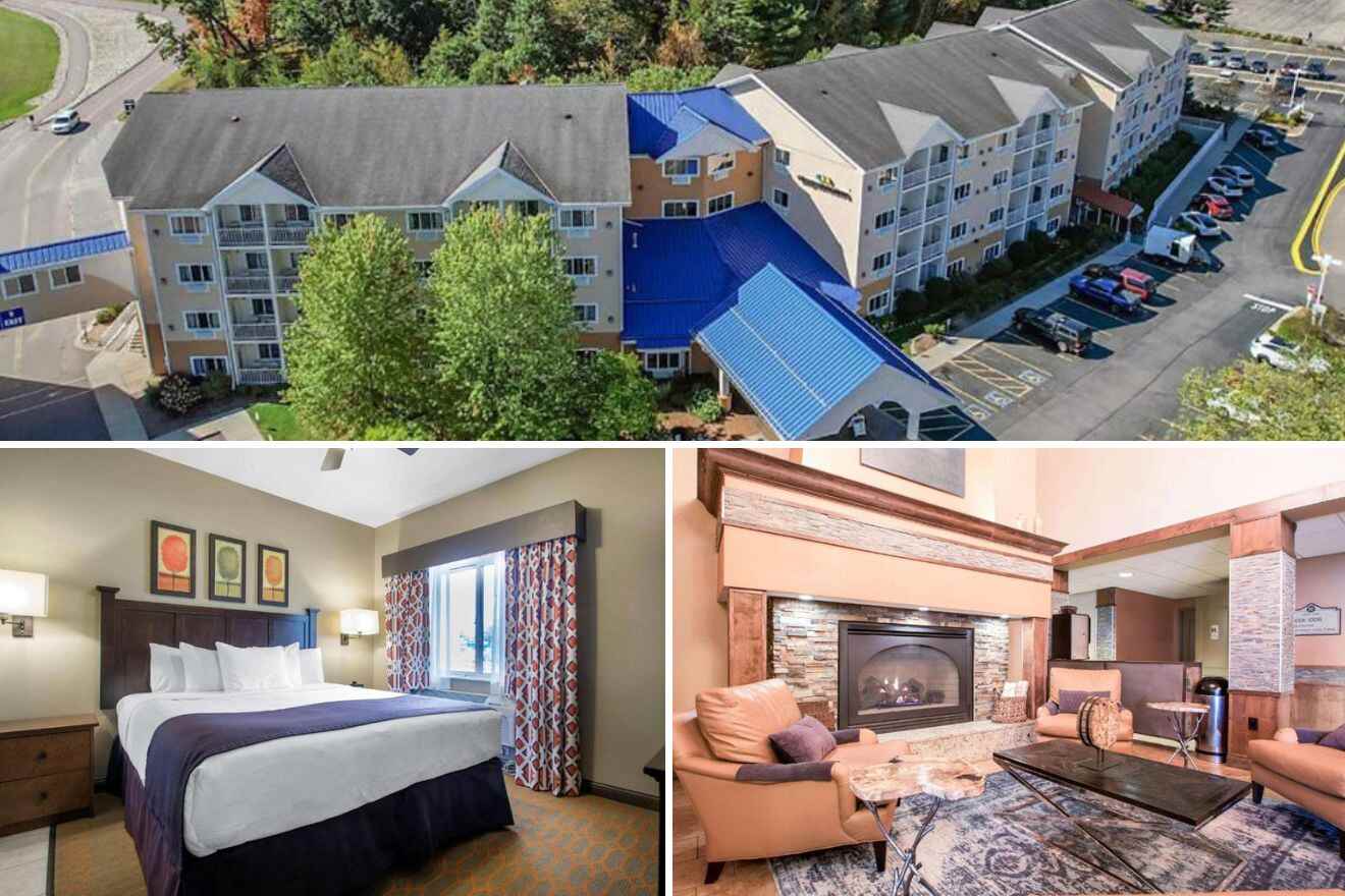 Collage of three hotel pictures: aerial view of hotel exterior, bedroom, and living room with fireplace