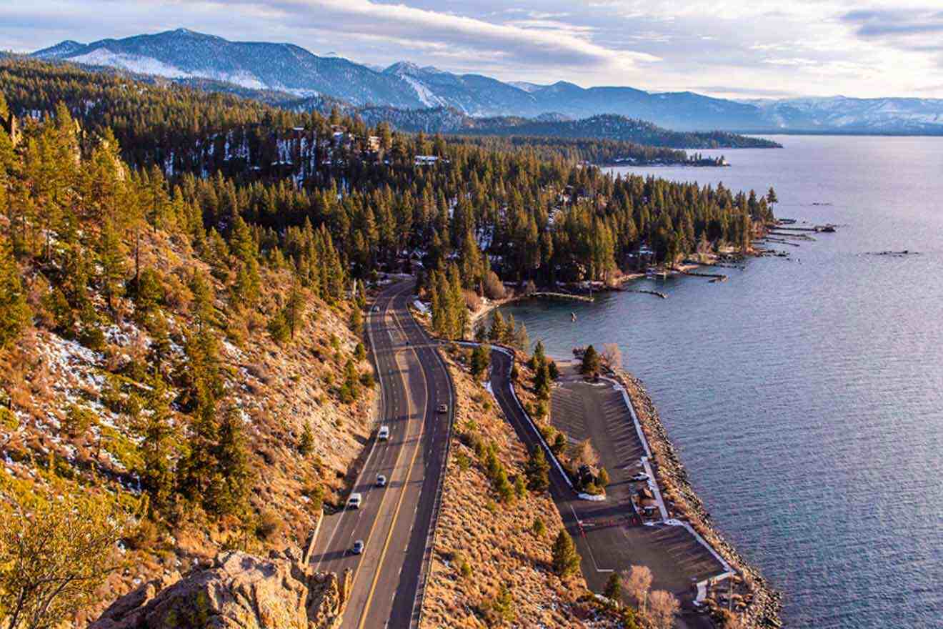 A scenic view of the lake tahoe from the top of a mountain.