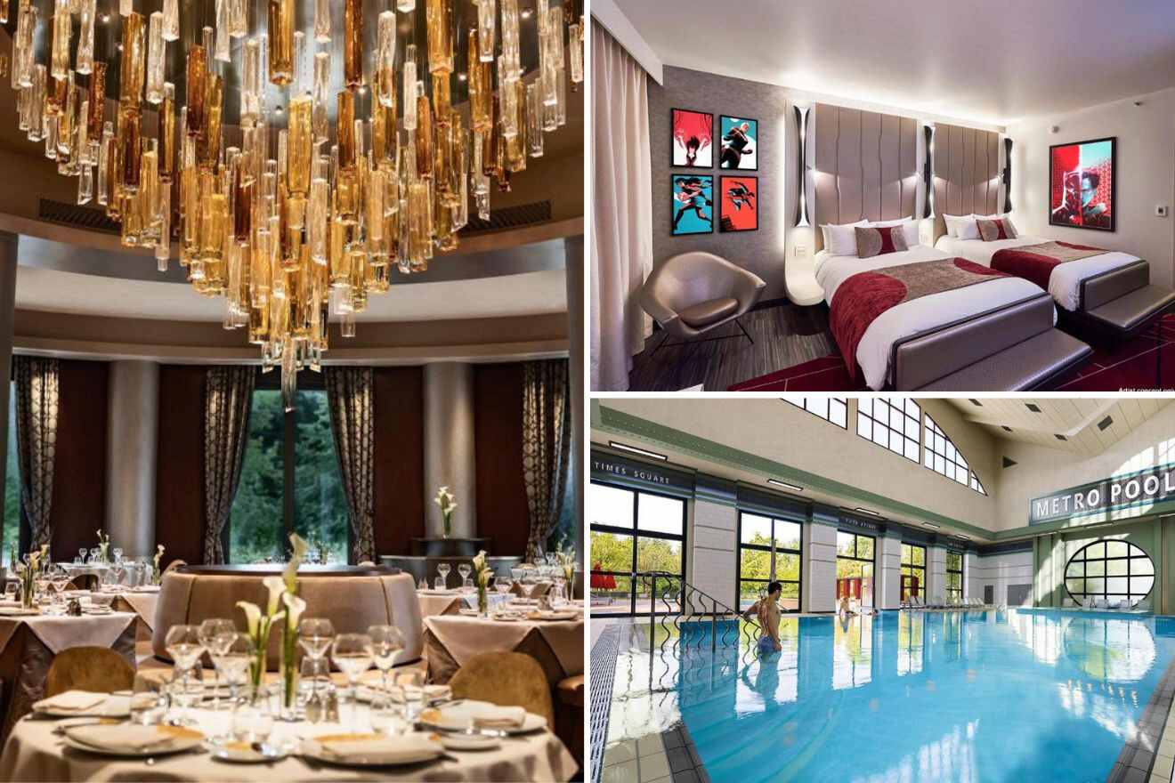 collage of 3 images with: indoor pool area, bedroom and restaurant