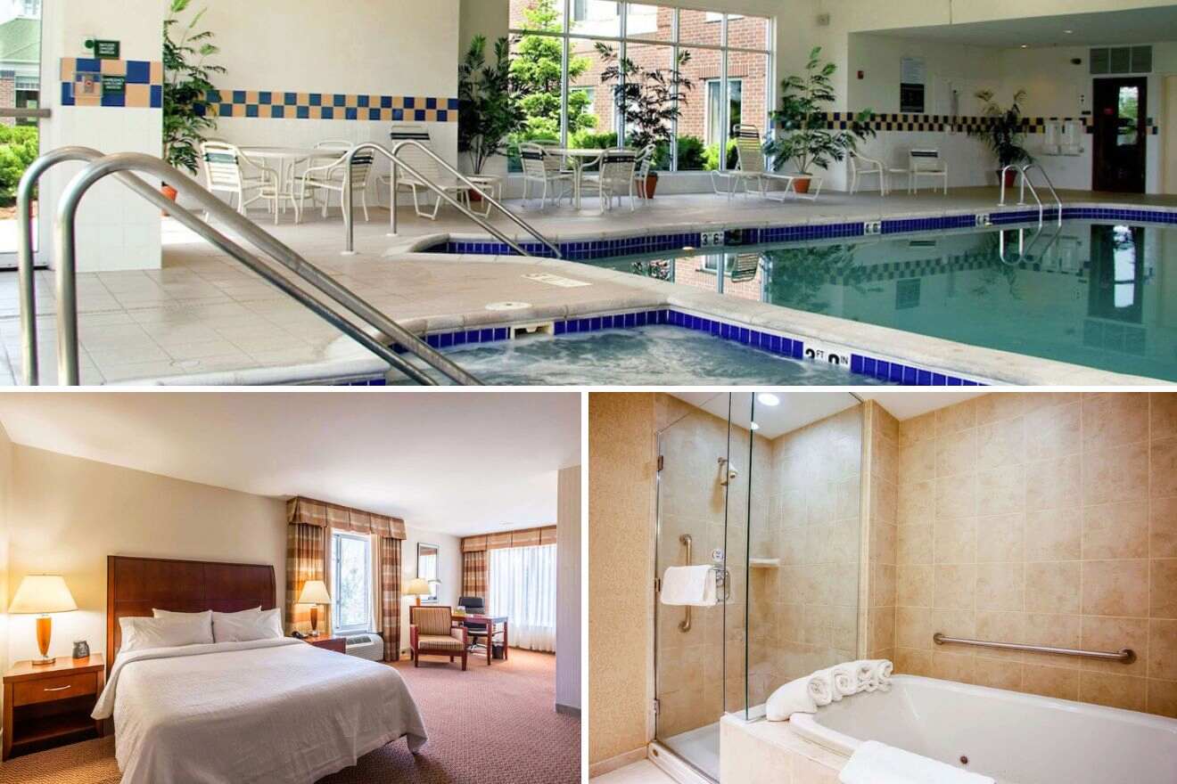 collage of 3 images with: indoor pool, bedroom and bathroom