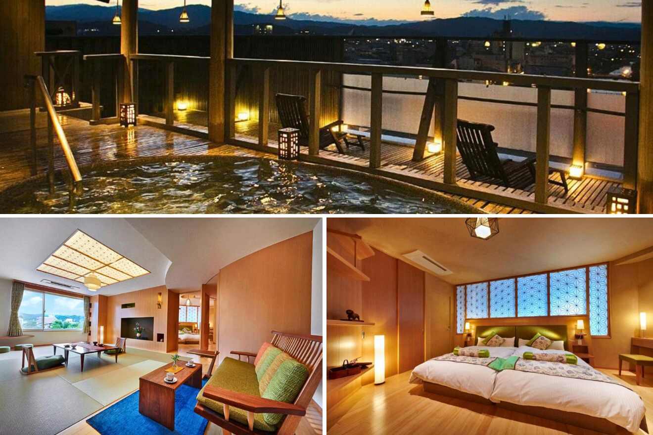 collage of 3 images with: bedroom with bed, private onsen on the terrace and japanese bedroom