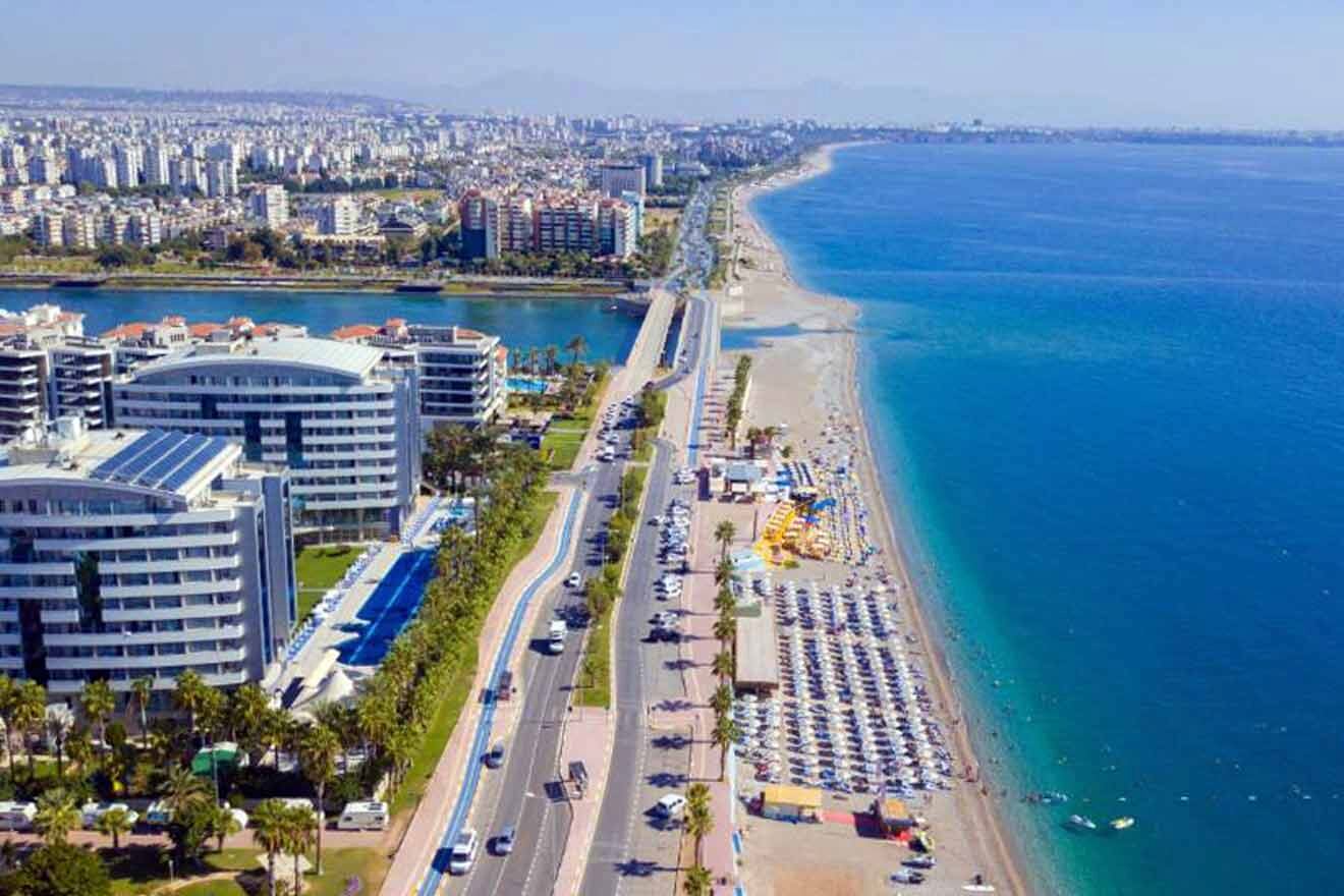 An aerial view of the beach and buildings.