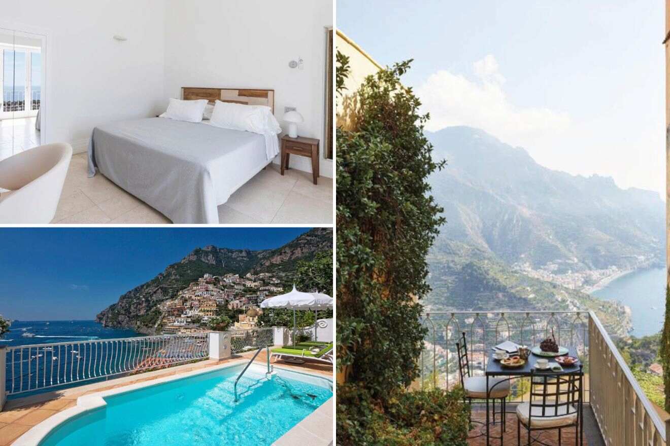 Collage of three hotel pictures: bedroom, oudoor pool, and a terrace with a view