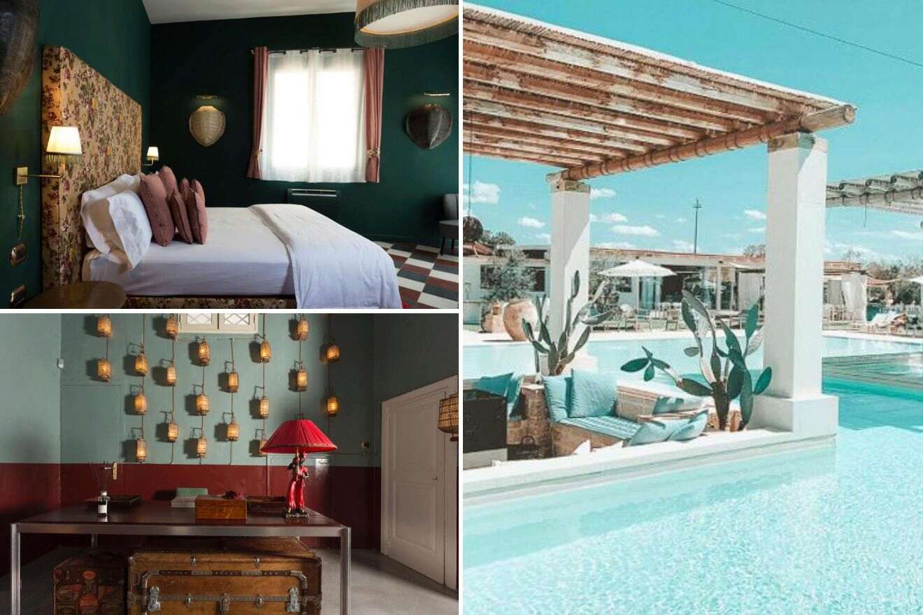 Collage of three hotel pictures: bedroom, hotel interior, and outdoor pool