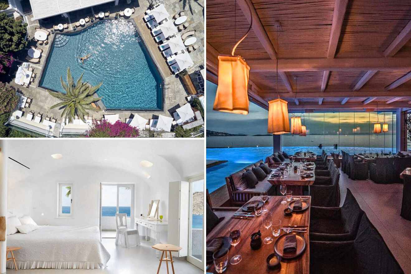 collage of 3 images with: a bedroom, restaurant and aerial view over the pool