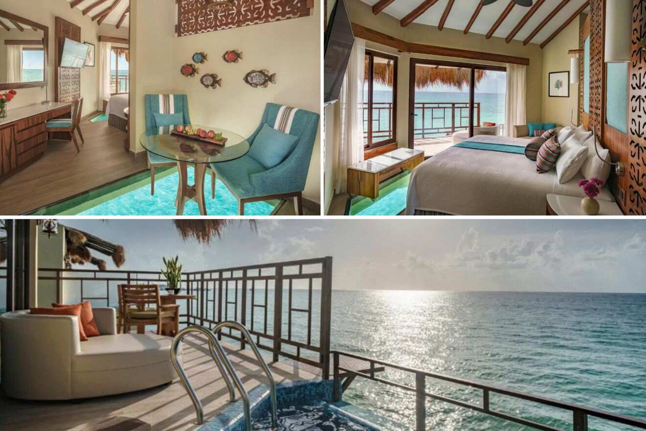 collage of 3 images with: bedroom, lounge and private pool with ocean view