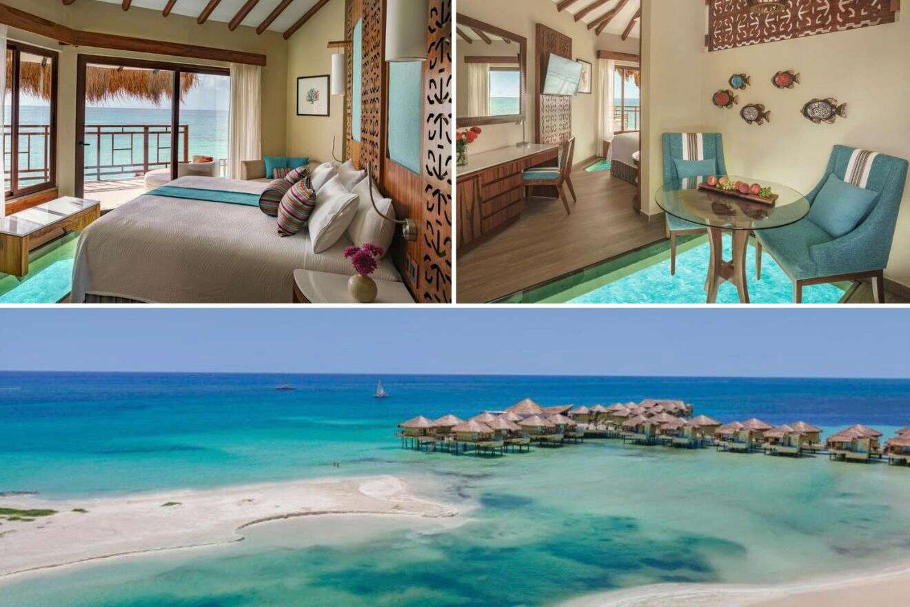 Collage of three hotel pictures: bedroom, lounge area with a glass bottom, and distant view of hotel's overwater bungalows