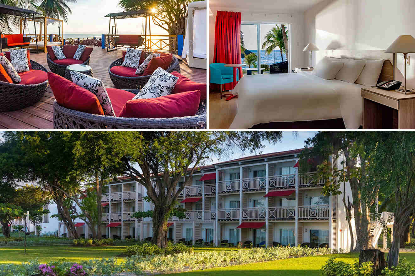 collage of 3 images with: a bedroom, outside lounge zone and exterior of the hotel