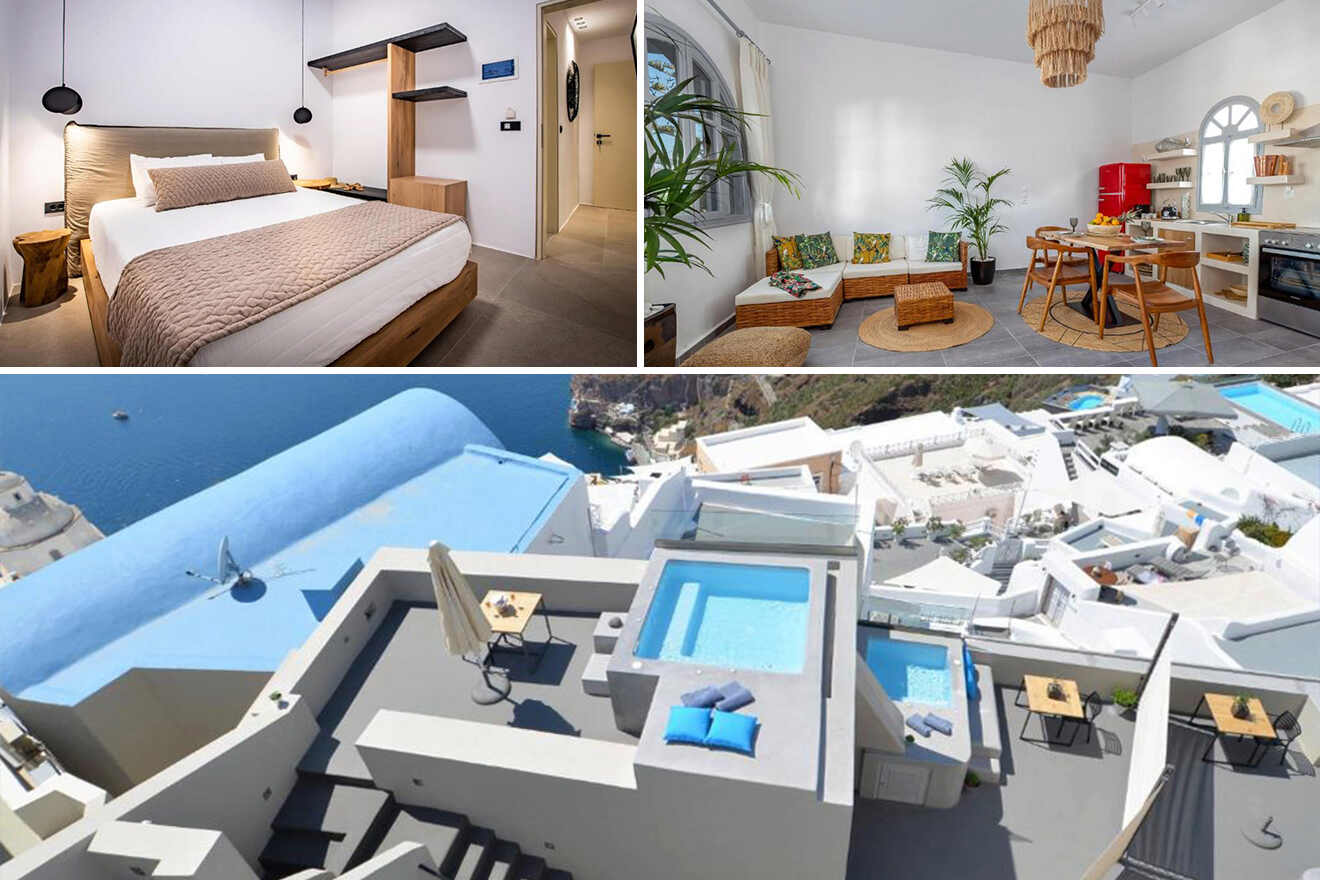collage of 3 images with: a bedroom, kitchen with loundge and overview of the plunge pool and houses