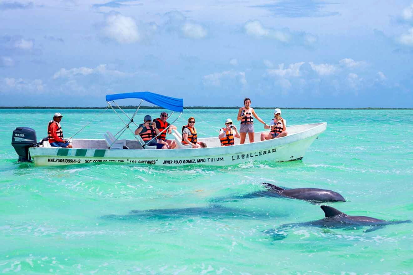 A group of people on a boat with dolphins in the water.