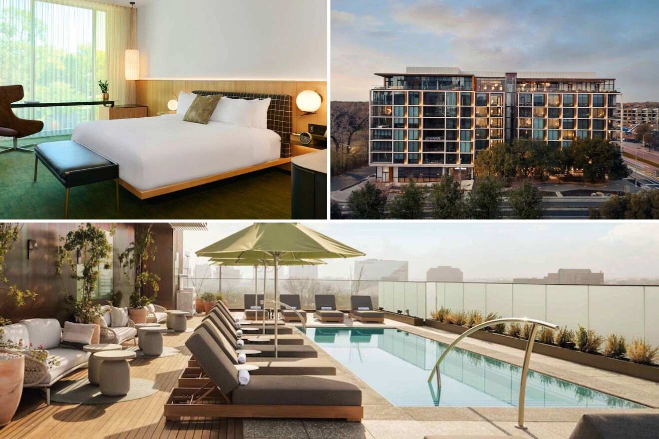 collage of three hotel photos: bedroom, hotel exterior, and outdoor pool