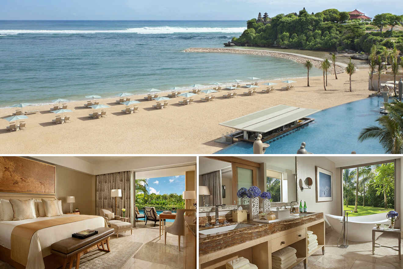 collage of 3 images with: a bedroom, bathroom and private beach of a resort