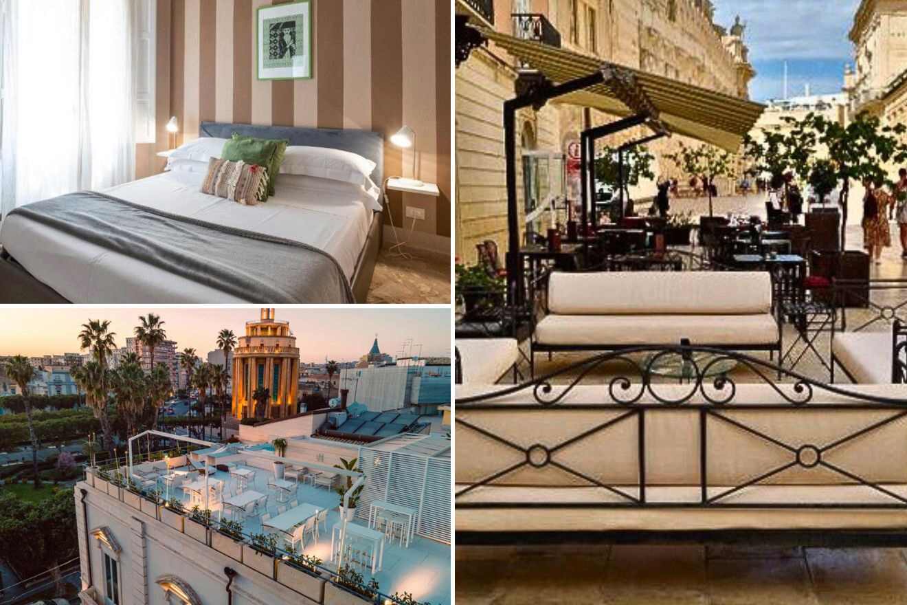 collage of 3 images with: a bedroom, outdoor terrace, aerial view over a hotel building