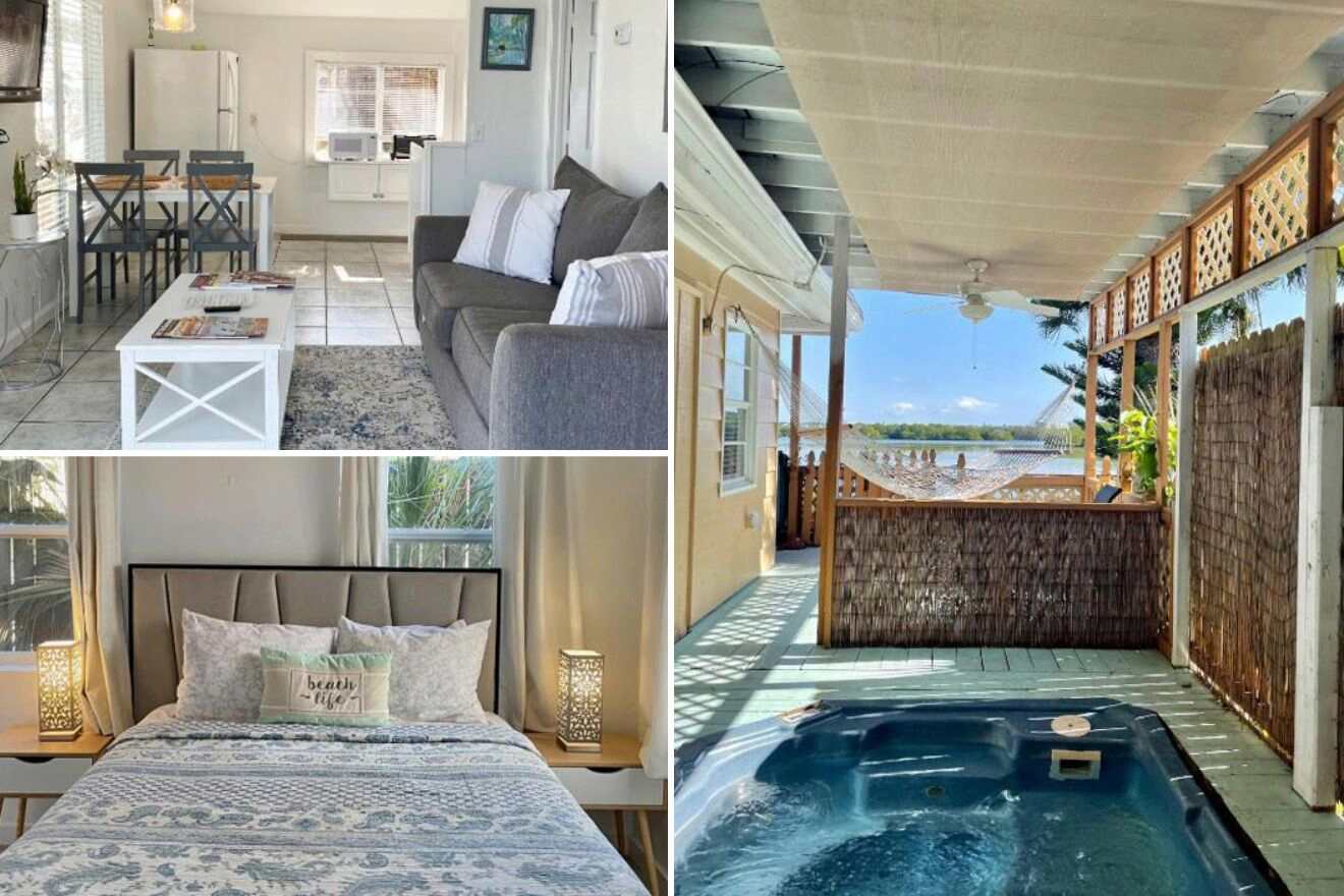 collage of 3 images with: a bedroom, jacuzzi and lounge
