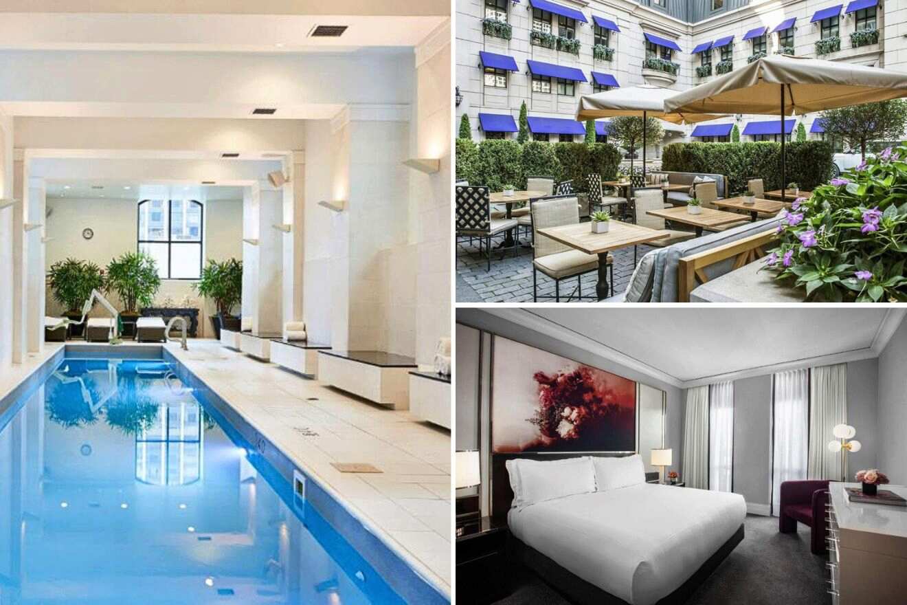 collage of 3 images with: bedroom, pool and outdoor restaurant