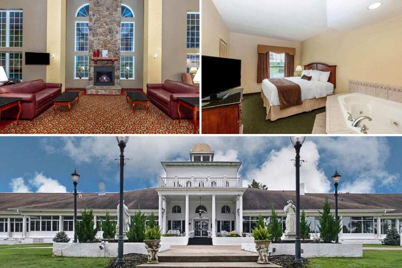 collage of 3 images with: a bedroom with jacuzzi in room, lounge and hotel's building