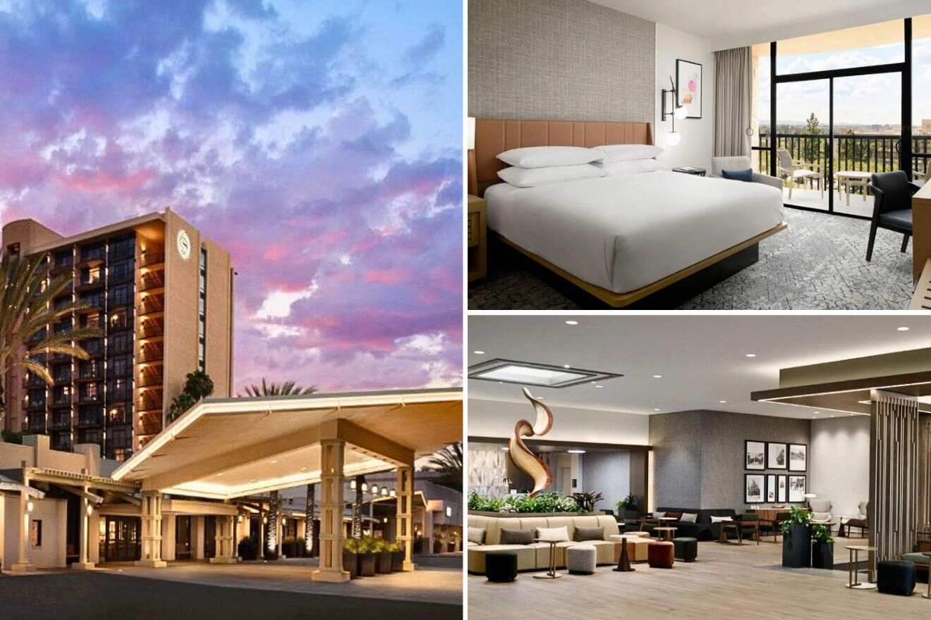collage of 3 images with: bedroom, lounge area and hotel's building