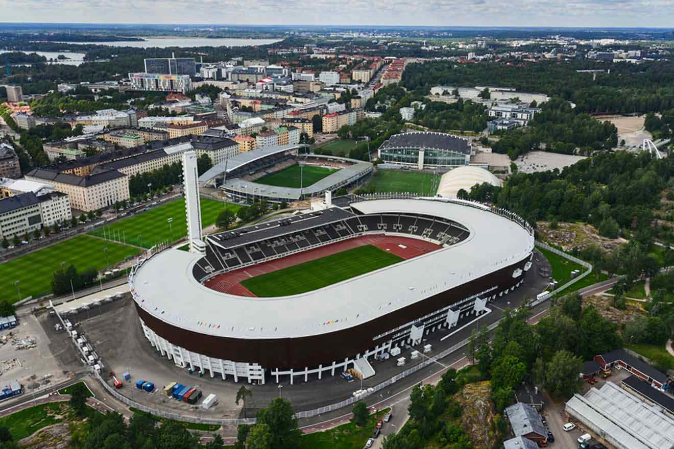An aerial view of a soccer stadium in finland.