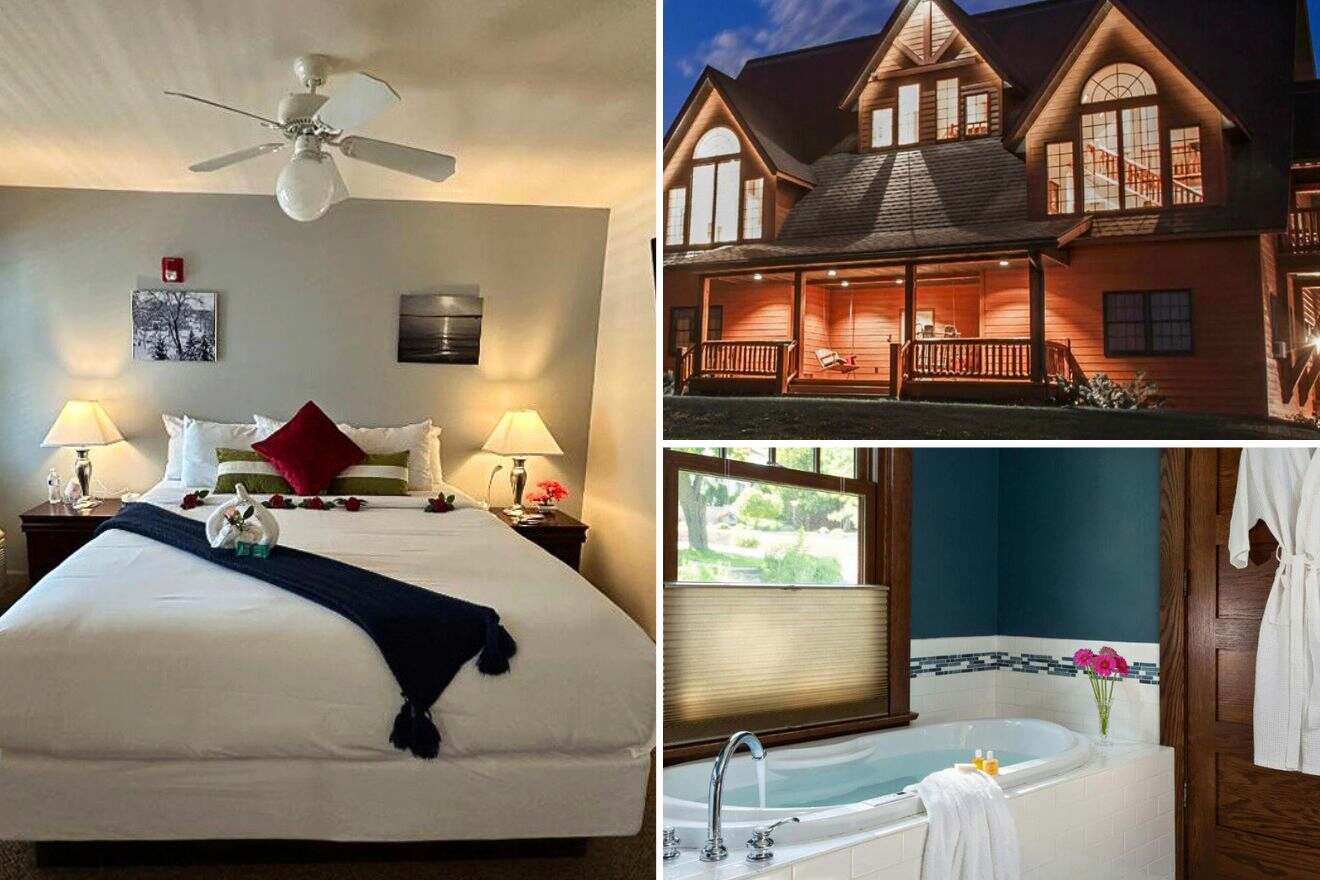 collage of 3 images with: a bedroom, bath tub and hotel's building