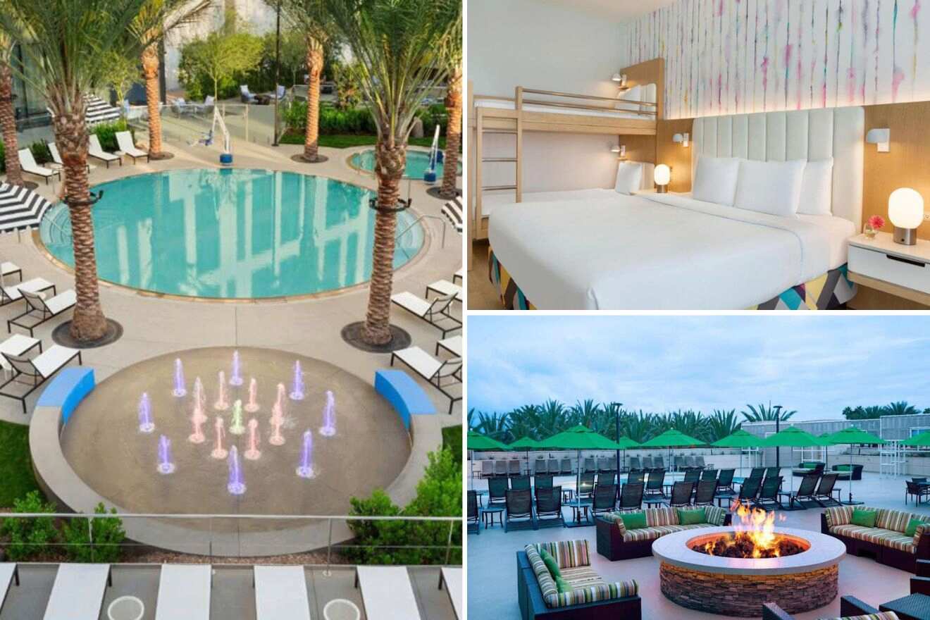 collage of 3 images with: bedroom, pool area and lounge around the firepit