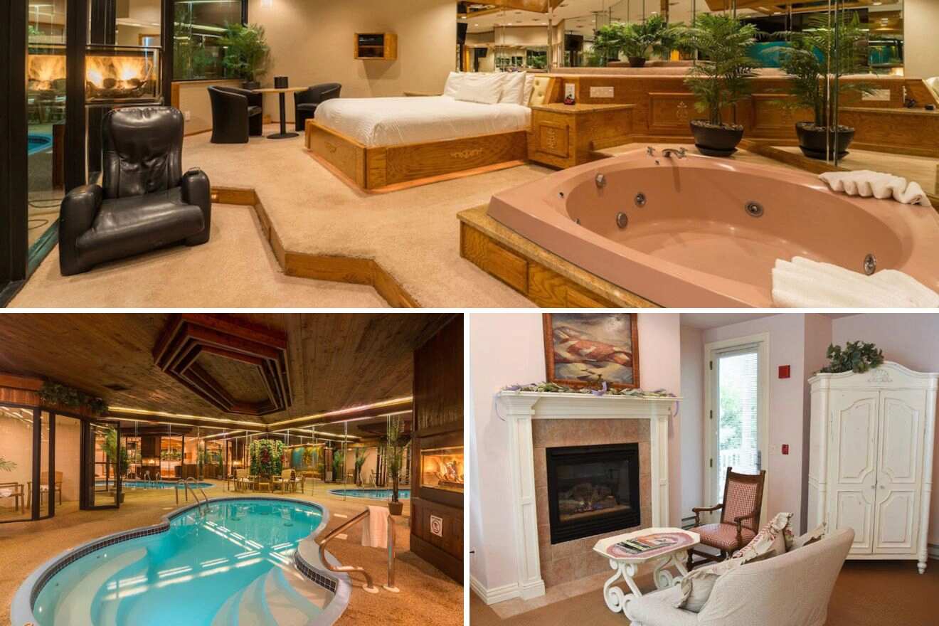 collage of 3 images with: a bedroom with a jacuzzi in room, lounge and indoor pool