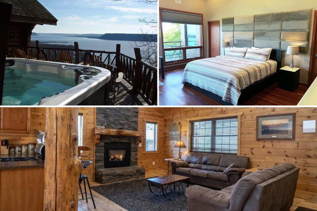 collage of 3 images with: a bedroom, lounge and jacuzzi on the terrace