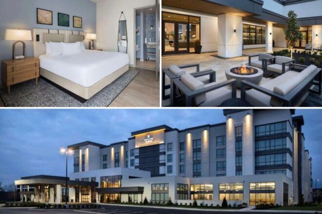 collage of 3 images with: a bedroom, hotel's building and outdoor lounge around a firepit