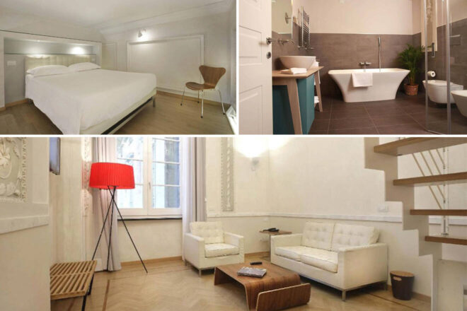 Collage of three hotel photos: room with a bed, bathrooms and living room
