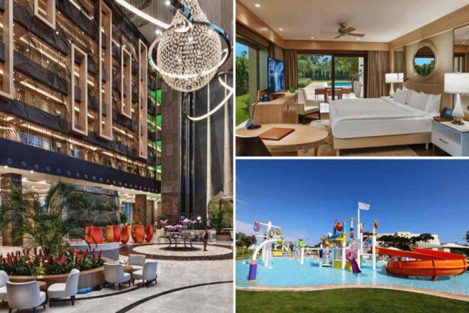 collage of 3 images with: pool with waterslides, bedroom and lounge in the hotel's hallway