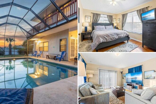 collage of 3 images with: an indoor pool covered with glass, bedroom and a living room with couches and a large tv
