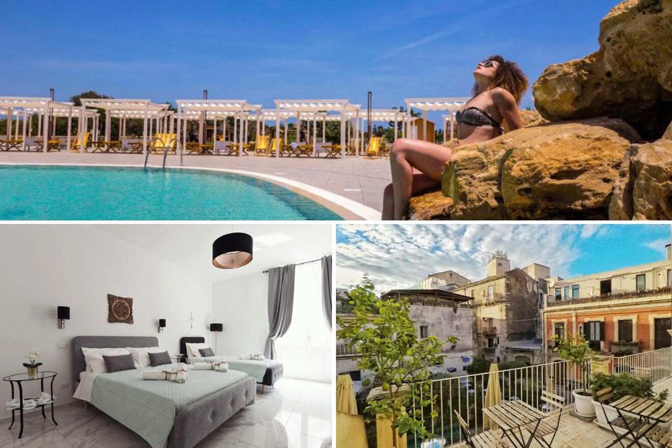 collage of 3 images with: a bedroom, woman sitting on a rock by a pool and lounge on the terrace with view over the city