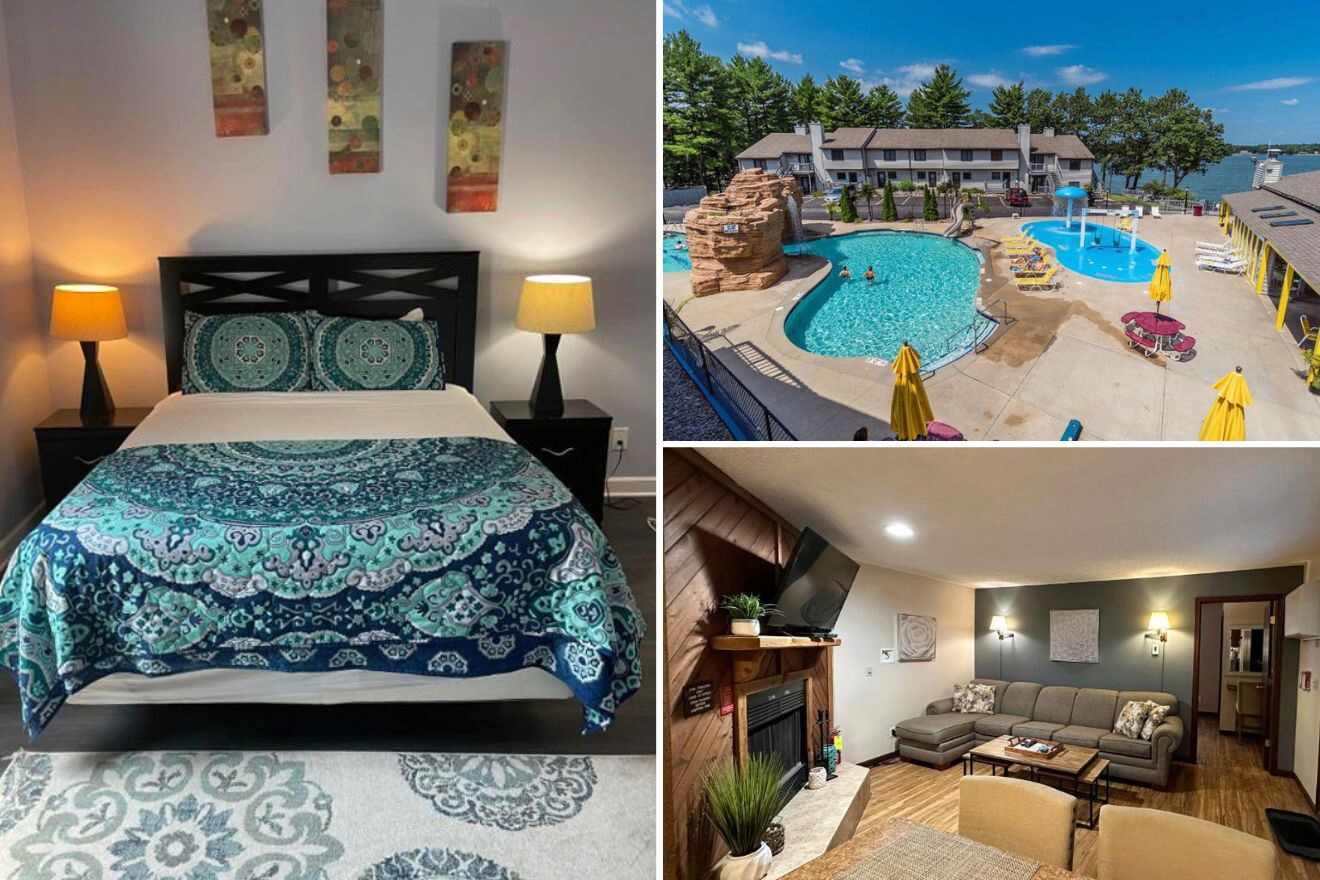 Collage of three hotel pictures: bedroom, outdoor pool, and living room