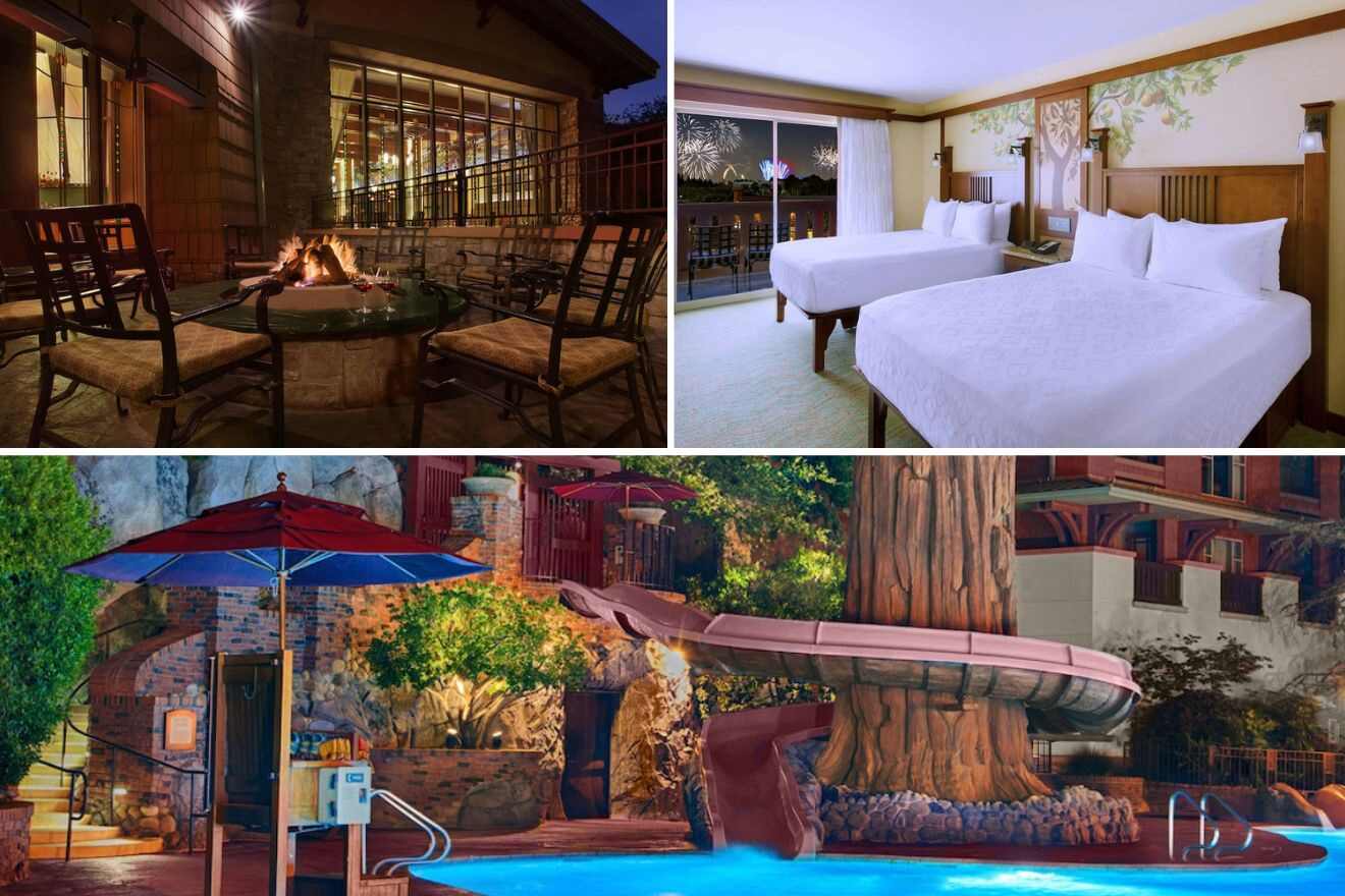 collage of 3 images with: bedroom, pool area and outdoor lounge