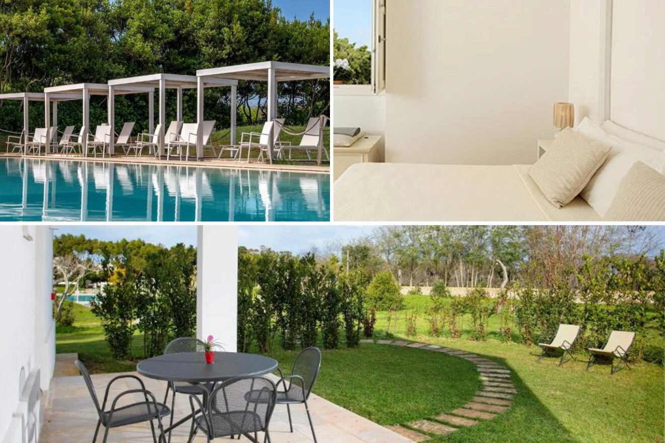 collage of 3 images with: bedroom, pool, outdoor lounge