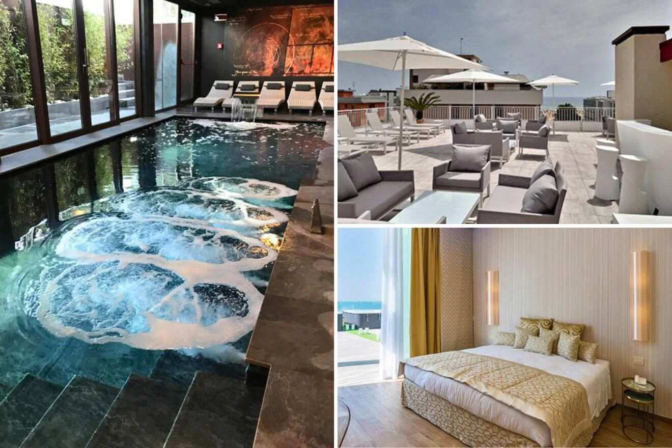 collage of 3 images with: bedroom, lounge area on the terrace and indoor pool