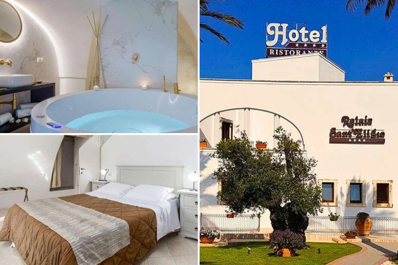 collage of 3 images with: hotel's building, bedroom and bath tub