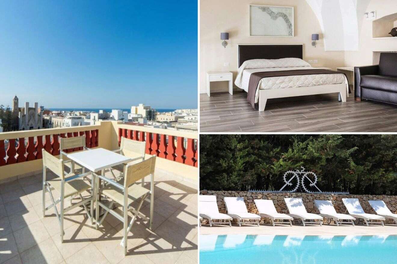 Hotel collage with 3 images: a balcony overlooking a city, a bedroom and lounge chairs next to a pool