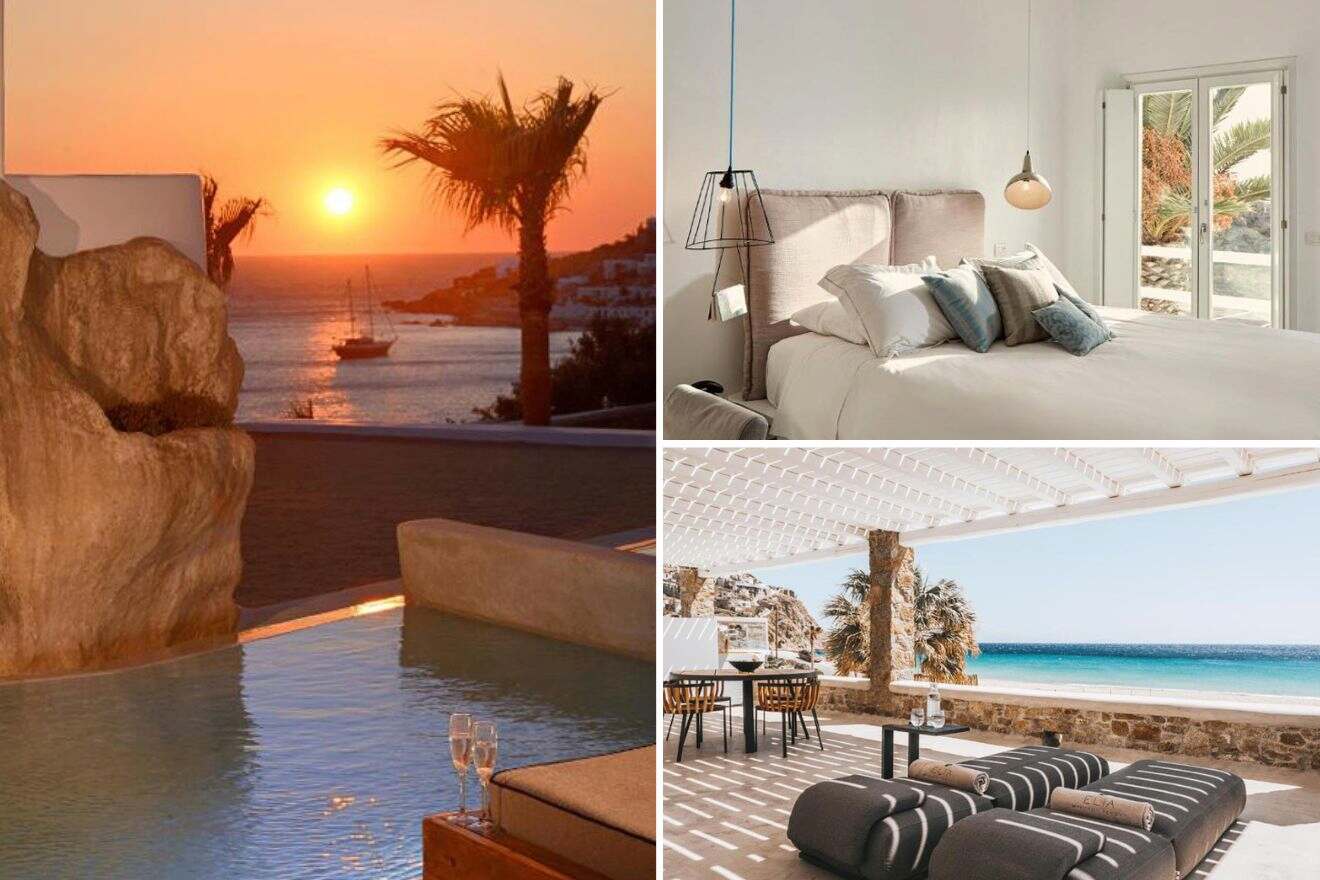 collage of 3 images with: a bedroom, outdoor lounge and pool area