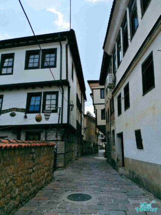 a narrow cobbled street with Macedonian traditional houses