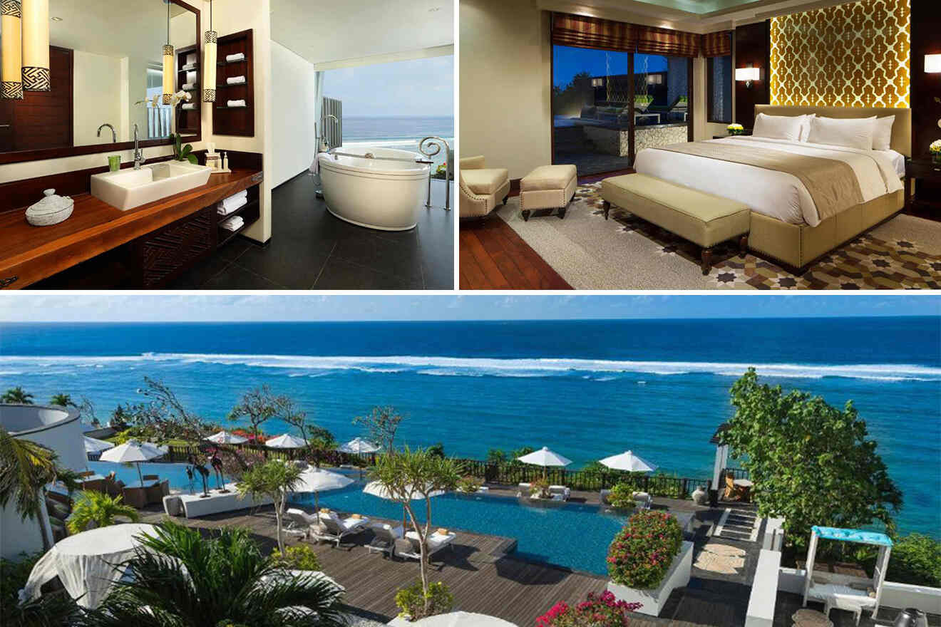 collage of 3 images with: a bedroom, bath and pool area of a resort