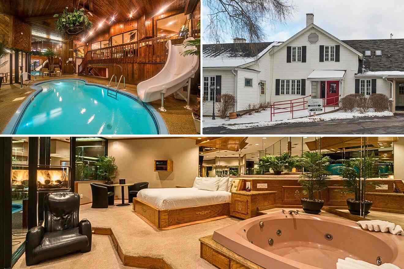collage of 3 images with: indoor pool, bedroom with jacuzzi in room and the hotel's building