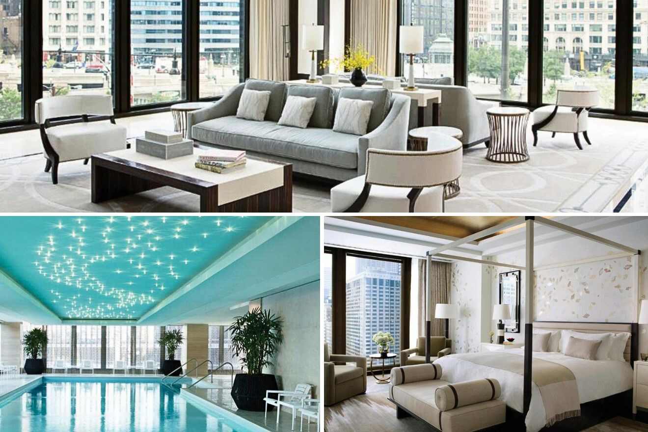 collage of 3 images with: bedroom, pool and lounge